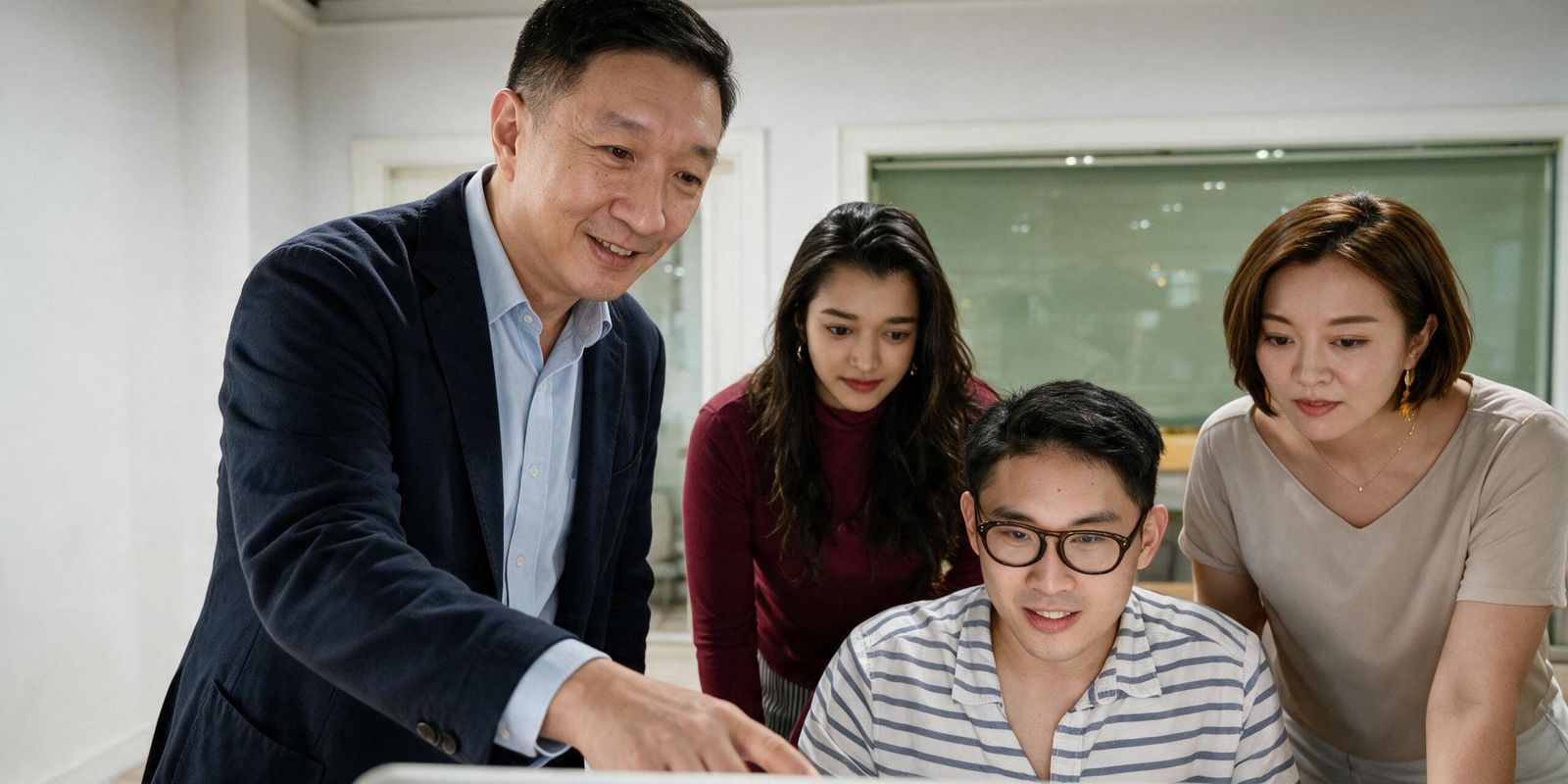 Consultant coaching a small team at a laptop